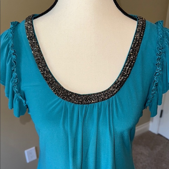 Clientele Shirt Embellished Short Flutter Sleeve Asymmetric Tunic Teal Burgundy - Picture 2 of 15